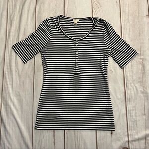 J. Crew Navy Blue & White Stripe Henley Tee Ribbed with buttons Women’s Size XS